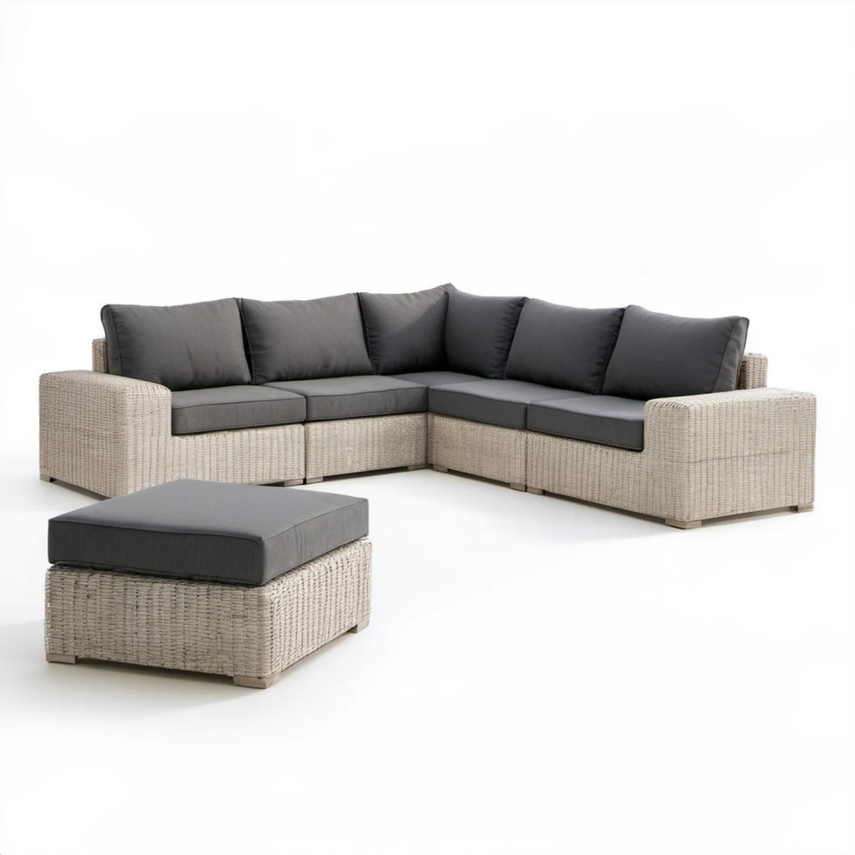 Narożna sofa ogrodowa z podnóżkiem z technorattanu PE, beżowo-szaro-antracytowa, 250 x 250 x 75 x 65 cm