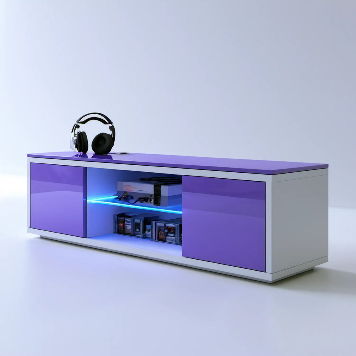 Biało-fioletowa szafka telewizyjna z niebieskim oświetleniem LED, 140 x 40 x 50 cm