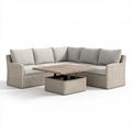 Beżowo-szaro-brązowa narożna sofa ogrodowa z technorattanu PE ze stolikiem podnoszonym 230 x 180 x 80 cm