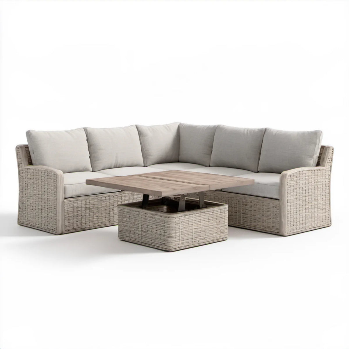 Beżowo-szaro-brązowa narożna sofa ogrodowa z technorattanu PE ze stolikiem podnoszonym 230 x 180 x 80 cm