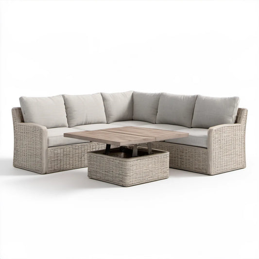 Beżowo-szaro-brązowa narożna sofa ogrodowa z technorattanu PE ze stolikiem podnoszonym 230 x 180 x 80 cm