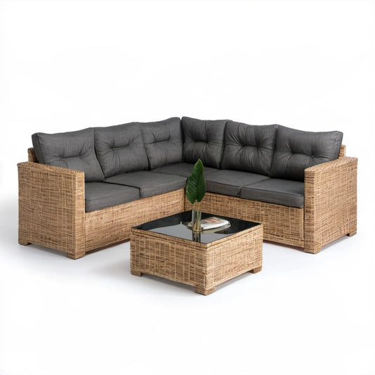Narożnik ogrodowy z technorattanu PE ze stolikiem 250 × 250 × 75 cm, beżowo-ciemnoszary