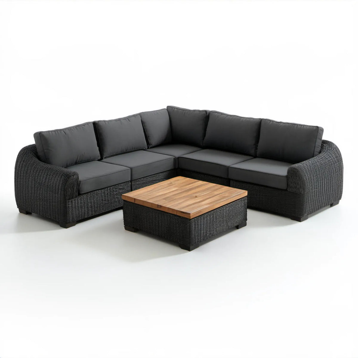 Czarny narożnik ogrodowy z technorattanu PE ze stolikiem akacjowym 250 x 250 x 65 cm