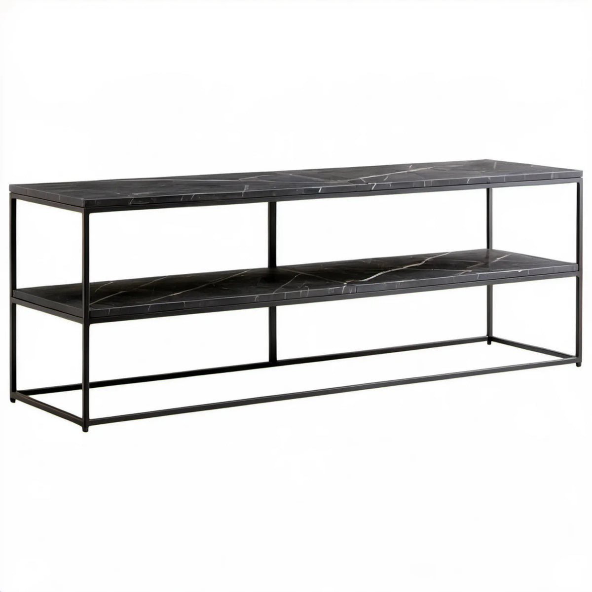 Czarna konsola RTV 140 x 40 x 50 cm z półkami MDF w dekorze marmuru i stalową ramą