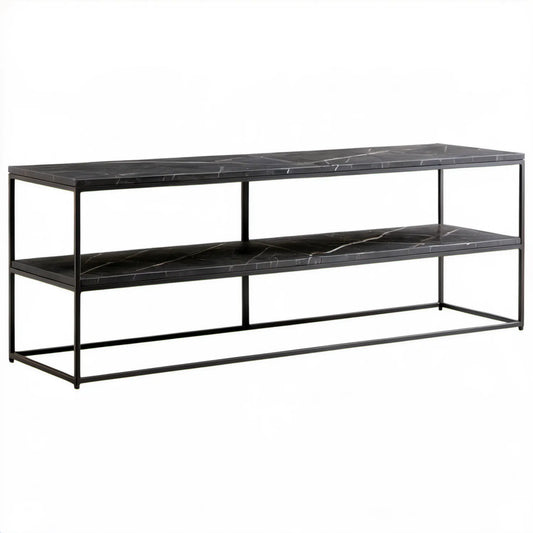 Czarna konsola RTV 140 x 40 x 50 cm z półkami MDF w dekorze marmuru i stalową ramą