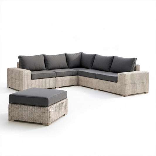 Narożna sofa ogrodowa z podnóżkiem z technorattanu PE, beżowo-szaro-antracytowa, 250 x 250 x 75 x 65 cm