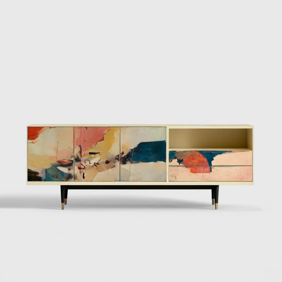 Kremowa szafka RTV z abstrakcyjnym wzorem, MDF, 180 x 40 x 75 cm